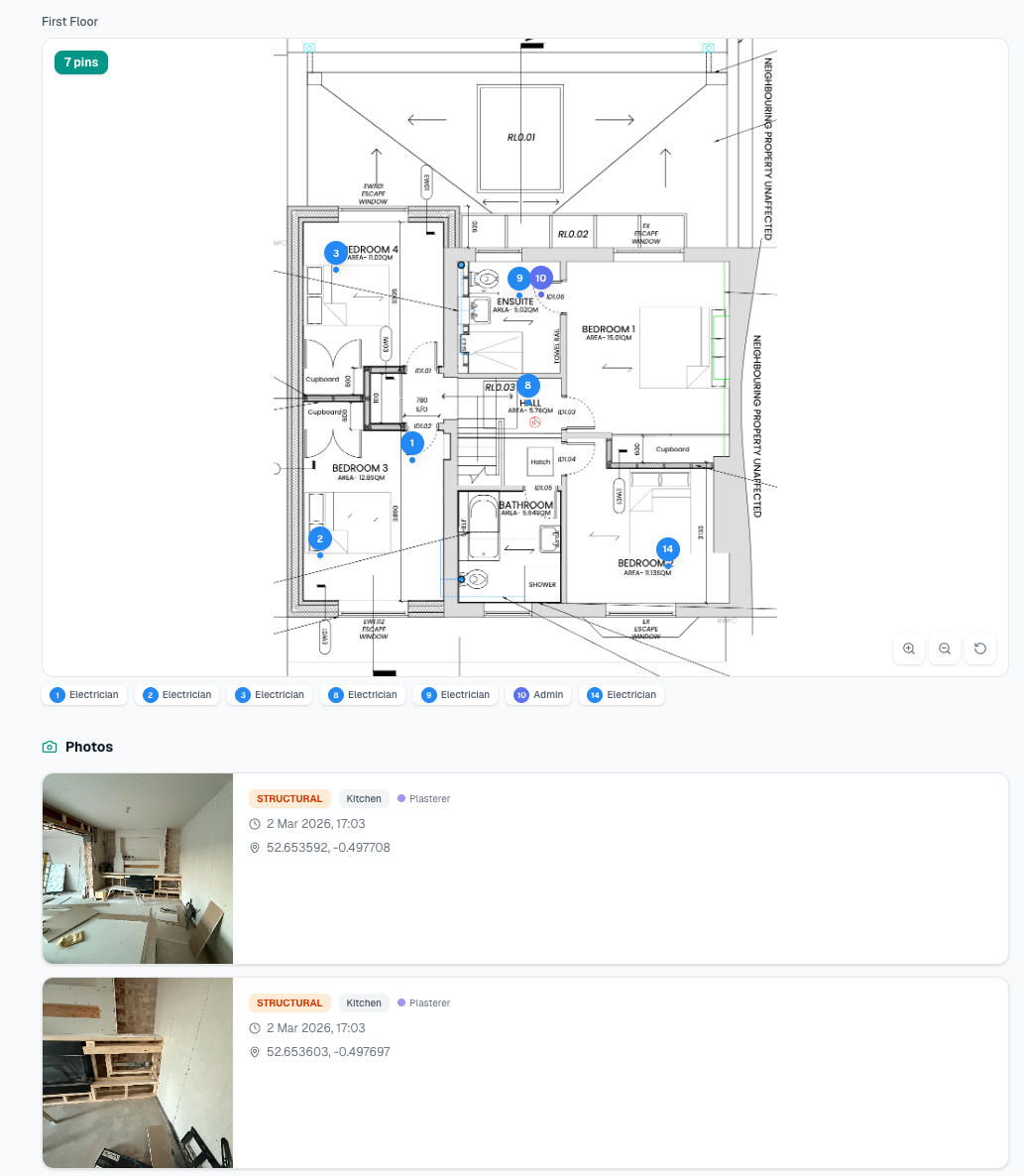 Floor plan view with numbered pins showing exactly where each trade photo was taken