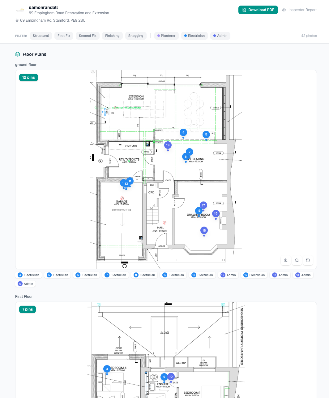Inspector share link view with Download PDF button and filterable floor plans